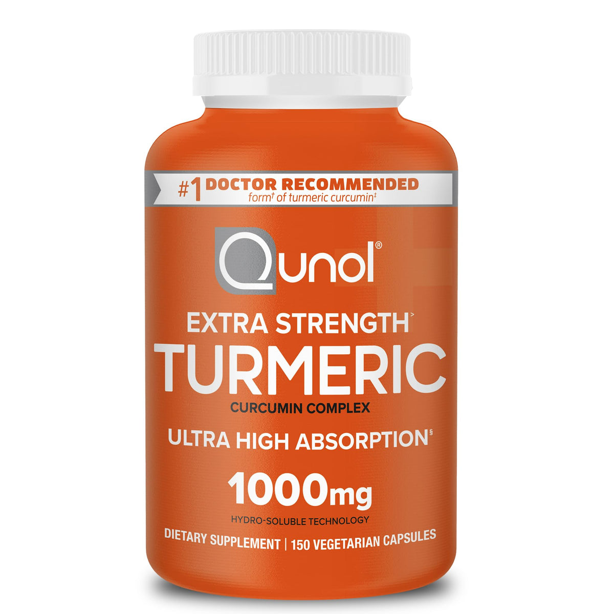 Qunol Turmeric Curcumin bottle shows a 150-count container for daily use.