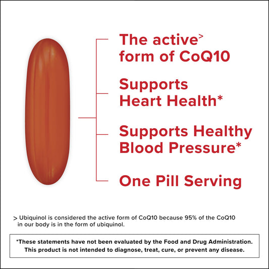 Qunol Ubiquinol 200mg bottle label highlighting active CoQ10 form for heart health awareness