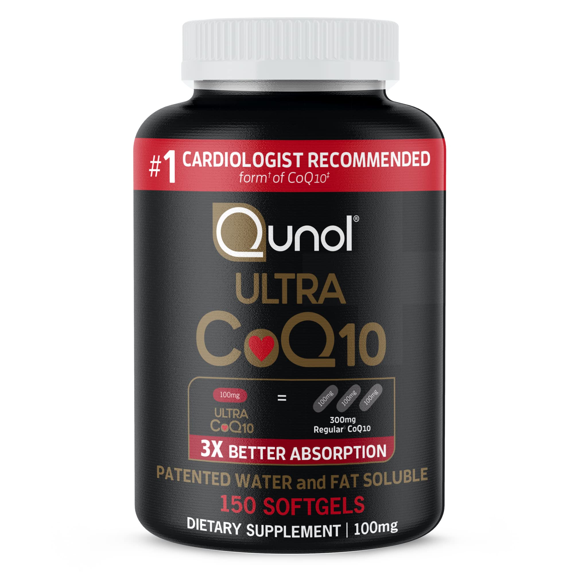 Qunol Ultra CoQ10 bottle front highlights strong absorption potential.
