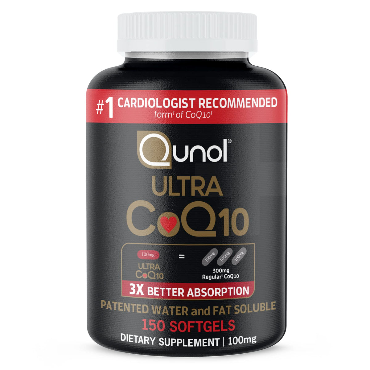 Qunol Ultra CoQ10 bottle front highlights strong absorption potential.