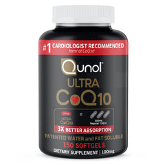 Qunol Ultra CoQ10 bottle front highlights strong absorption potential.