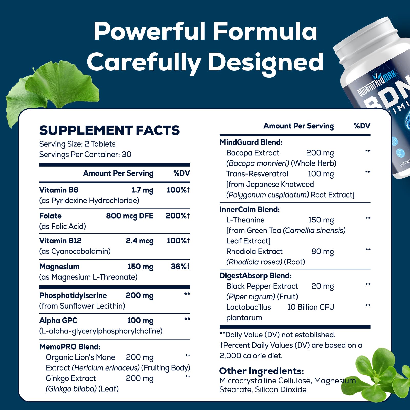 Quorinthiumax bottle label highlights premium lion’s mane and BDNF support