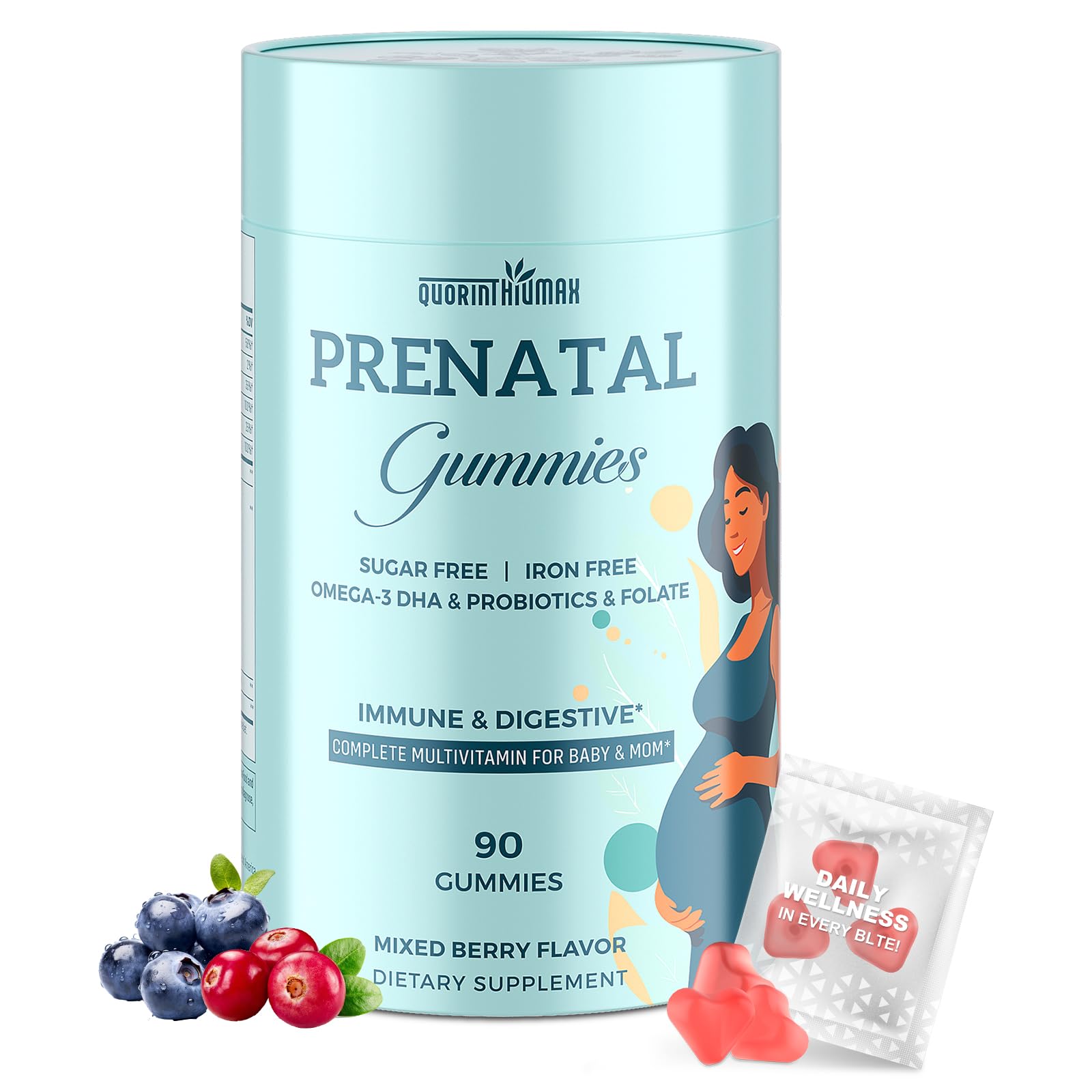 Quorinthiumax prenatal gummies bottle front showing packaging for convenient daily use