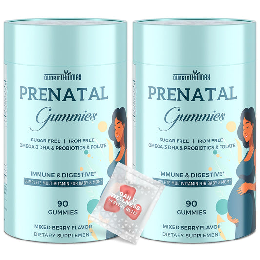 Quorinthiumax Prenatal Gummies bottles packaging for convenient daily use during pregnancy.