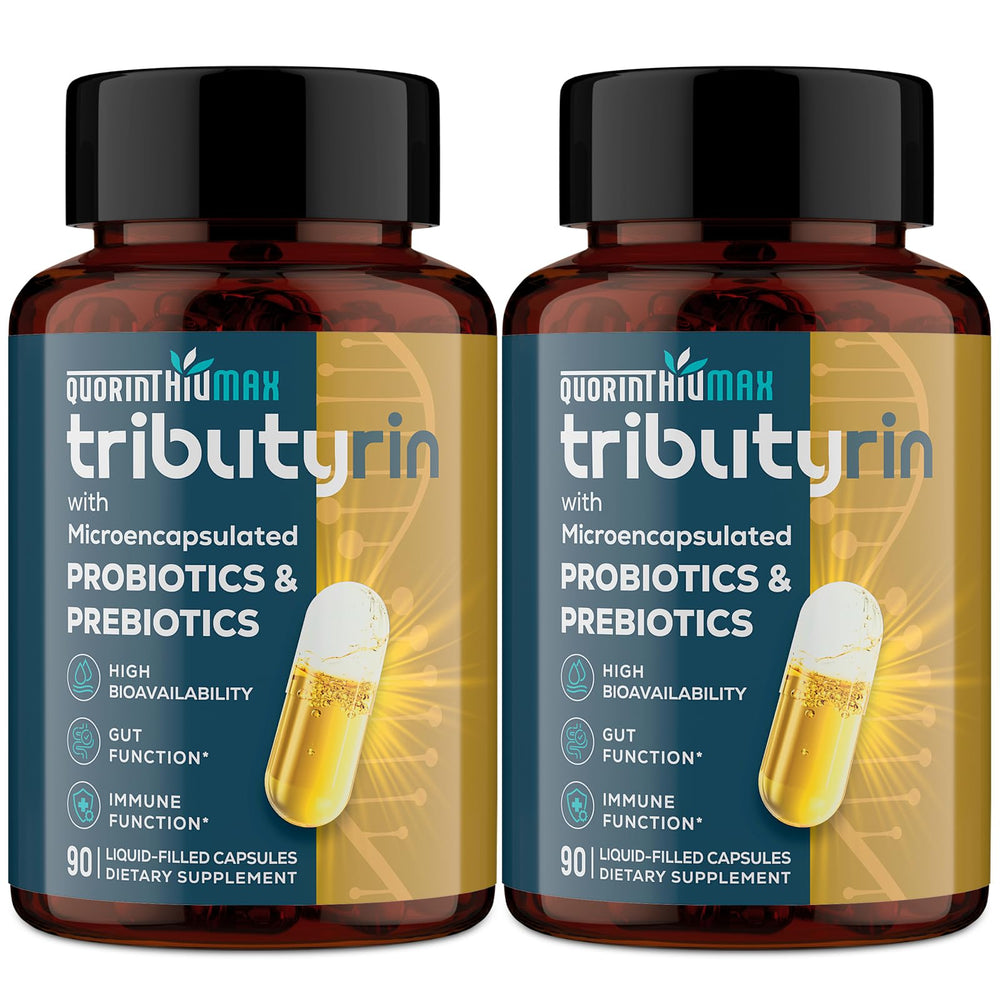 Quorinthiumax Tributyrin 800mg bottle highlights a gut-support formula for daily use.