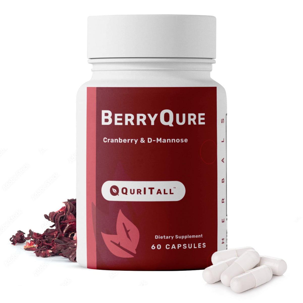 QurItAll BerryQure bottle front shows 60 capsules for urinary wellness support.