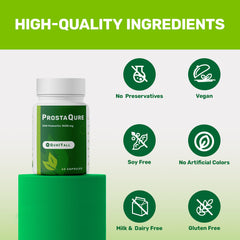 QurItAll ProstaQure label detail with vegan, soy-free, gluten-free seals