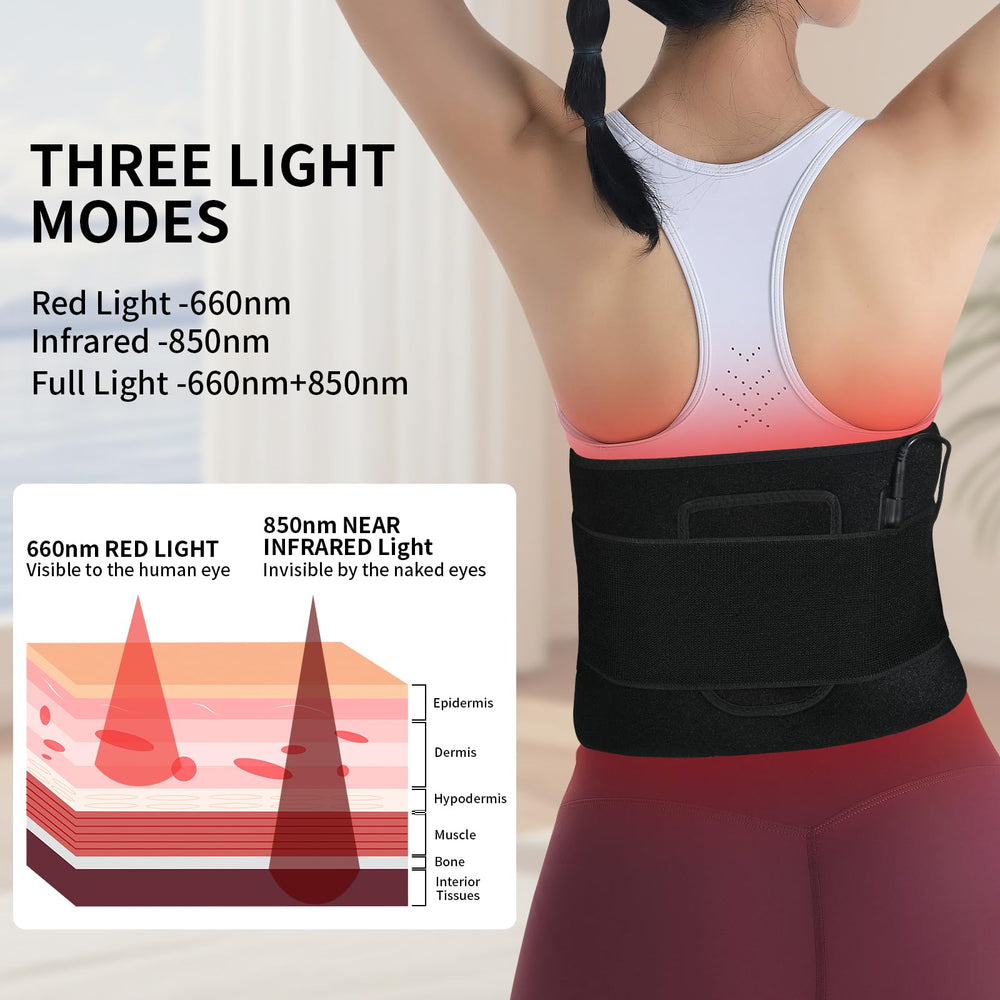 Qworaky belt with 660nm red and 850nm infrared LEDs for visible and infrared warmth.