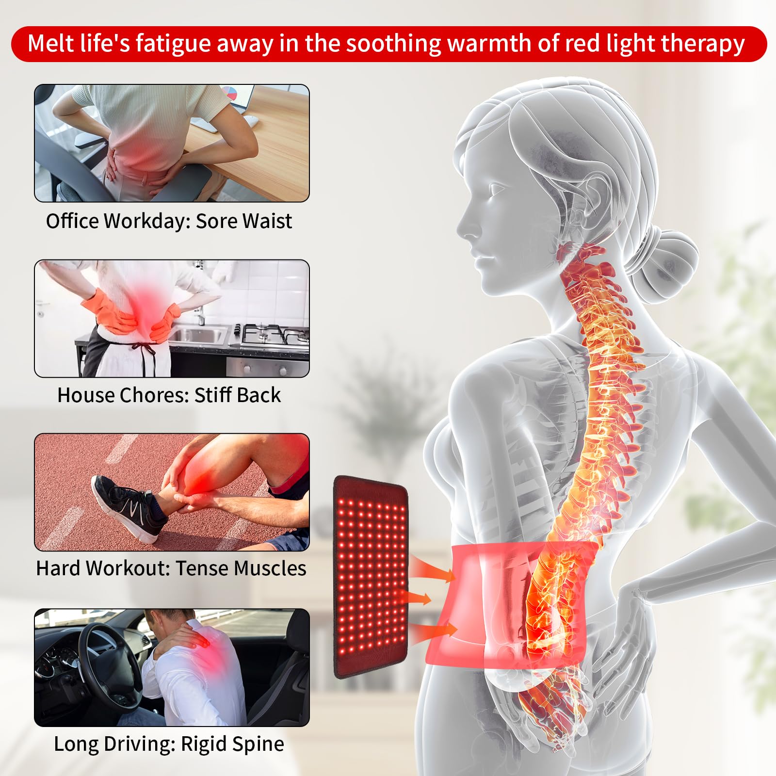 Qworaky red-light therapy belt back view delivers targeted warmth for post‑activity comfort.