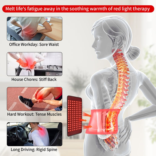 Qworaky red-light therapy belt back view delivers targeted warmth for post‑activity comfort.