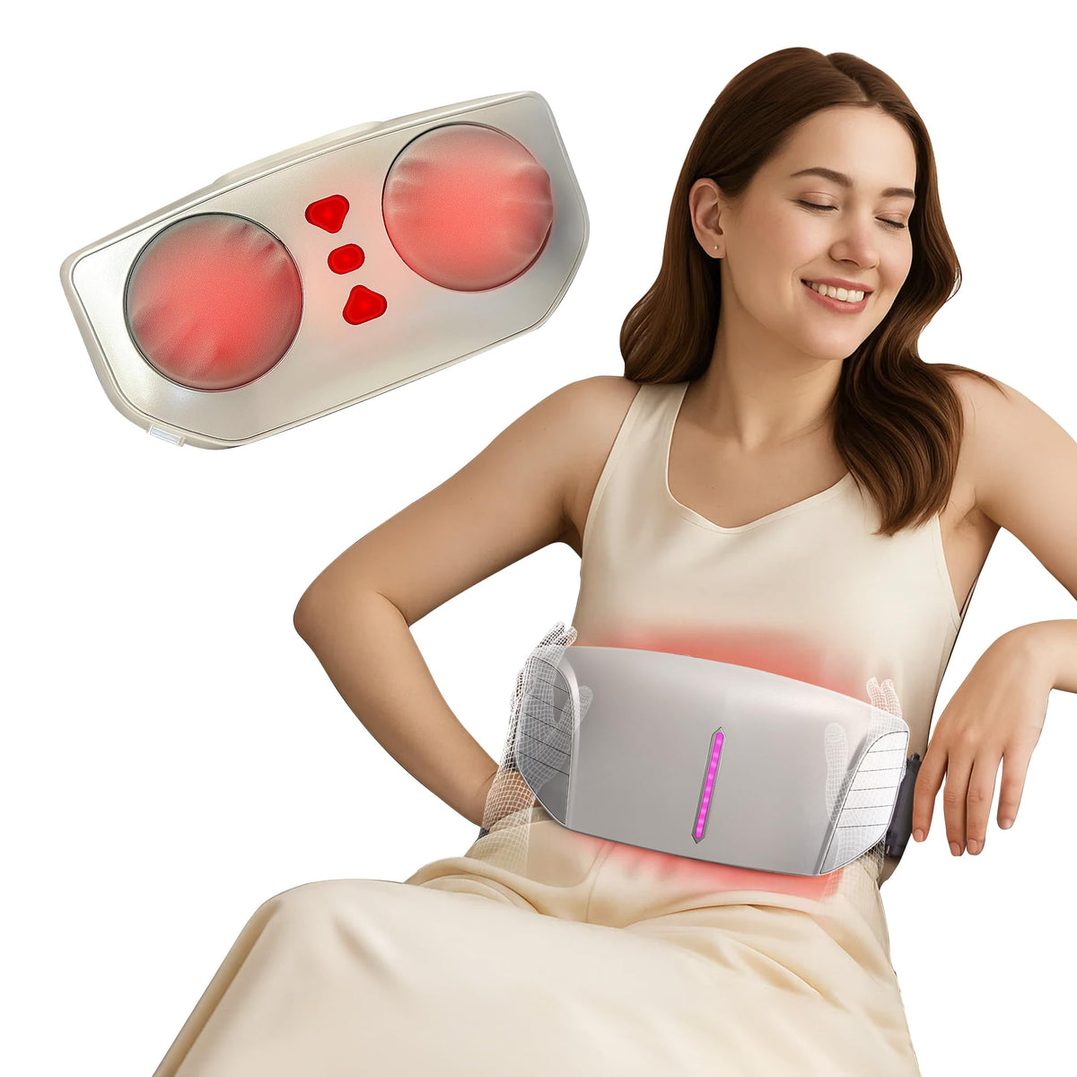 QXC dual kneading massager front view shows portable heat relief for on-the-go use