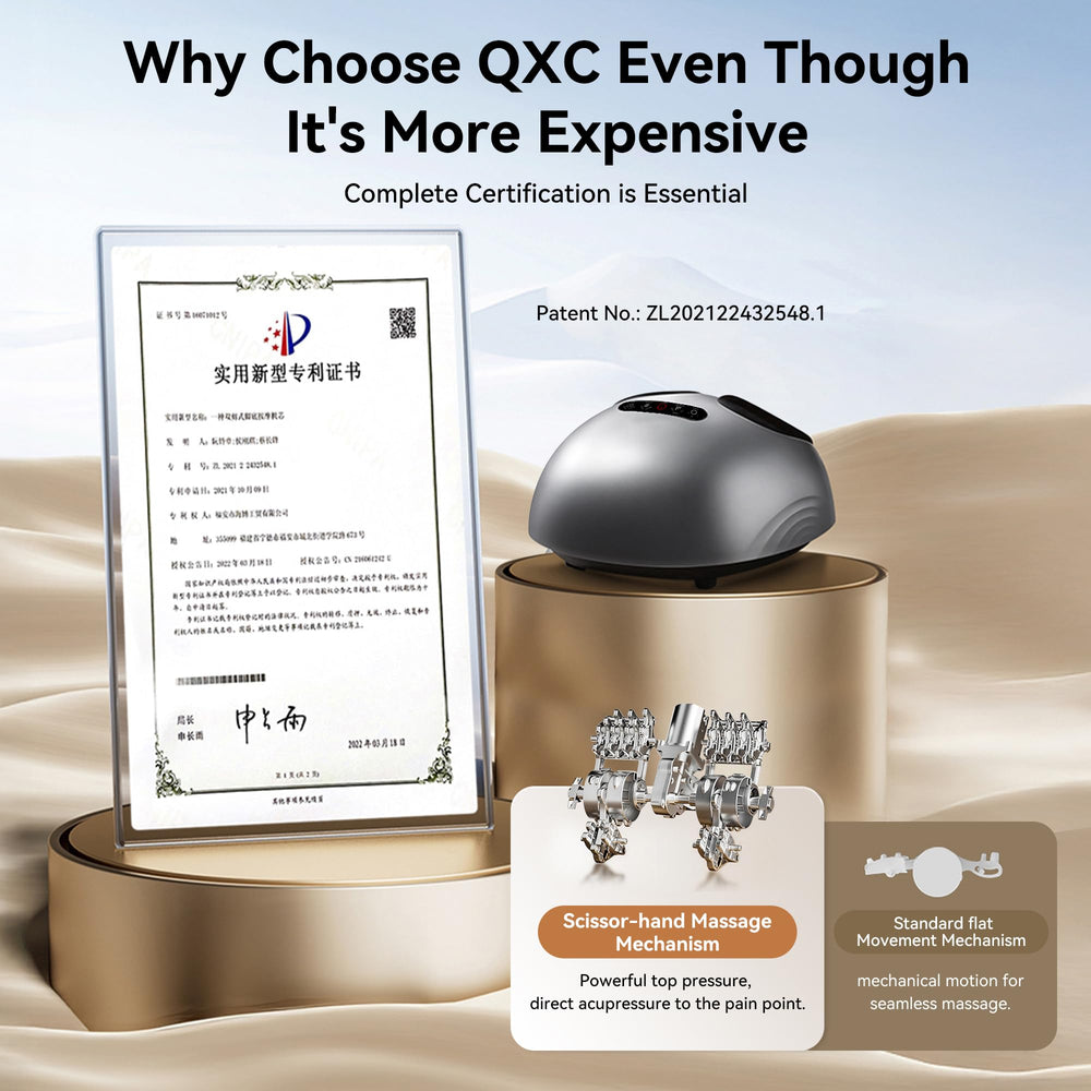 QXC foot massager's compact design fits on a couch or bed.