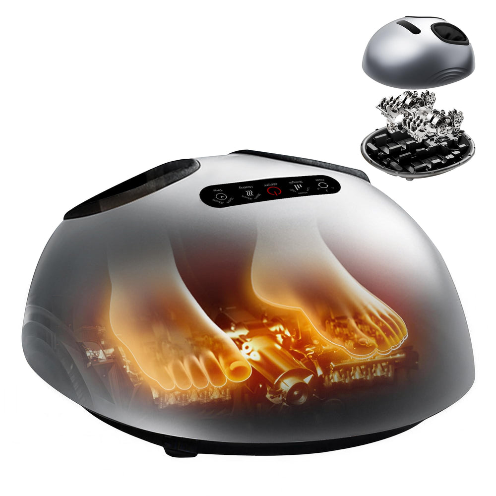 QXC foot massager with patented scissor-hand core delivers deep kneading for relaxation.