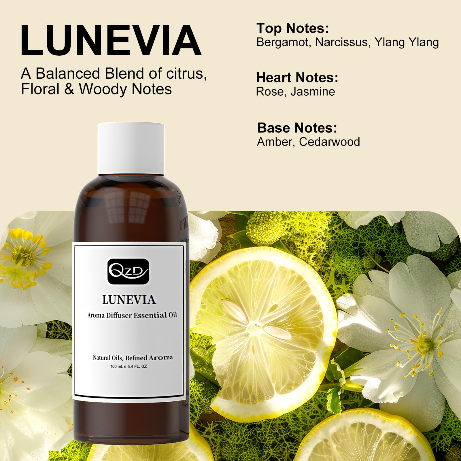 QZD LUNEVIA heart notes blend ylang-ylang, rose, and jasmine for floral depth.