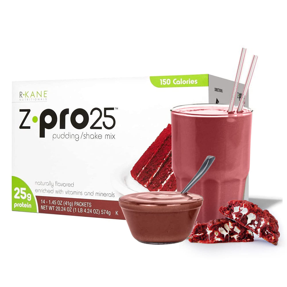R-Kane Nutritionals Z-Pro Red Velvet bottle close-up highlighting high-protein shake