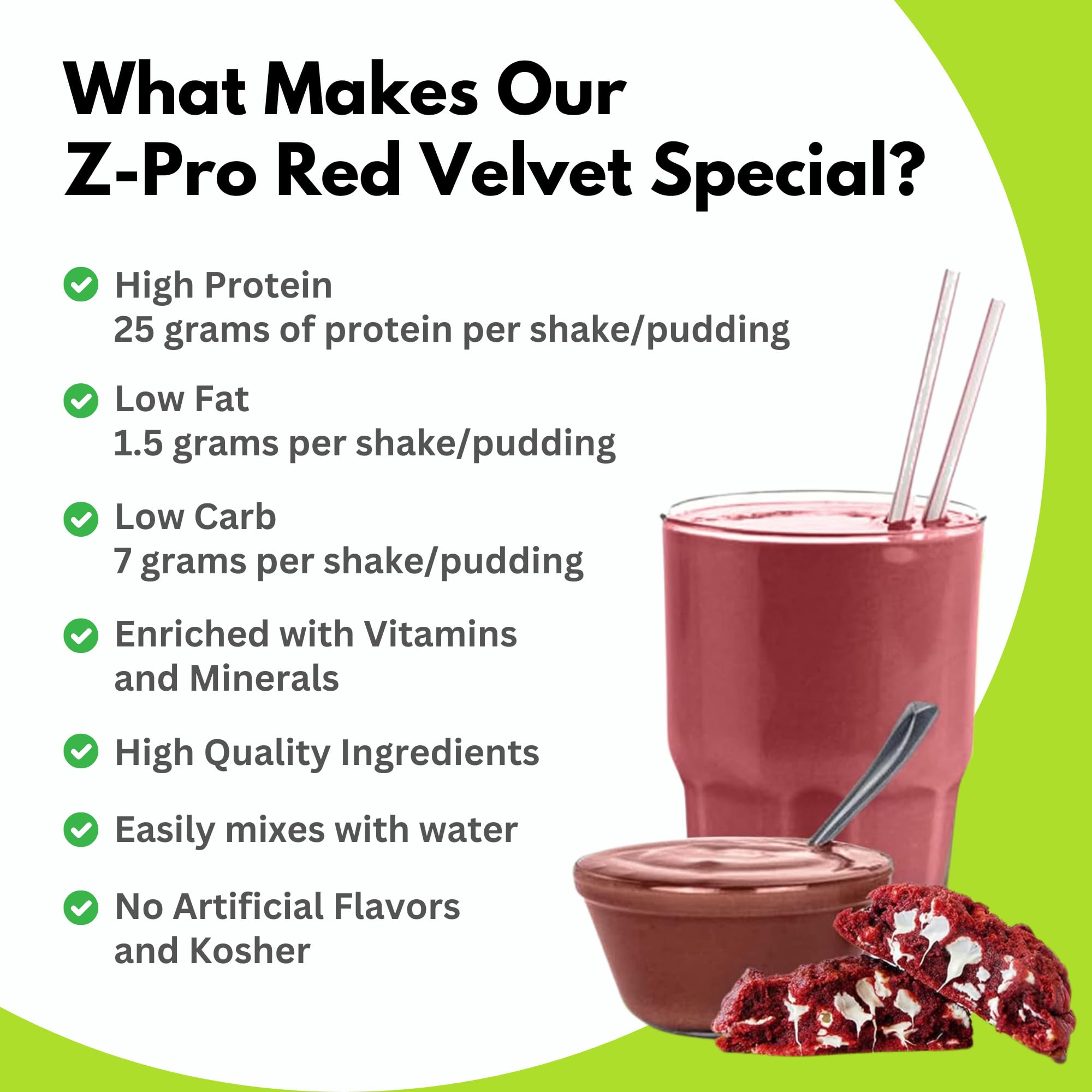 Z-Pro Red Velvet shake glass showing creamy texture and 25g protein per serving