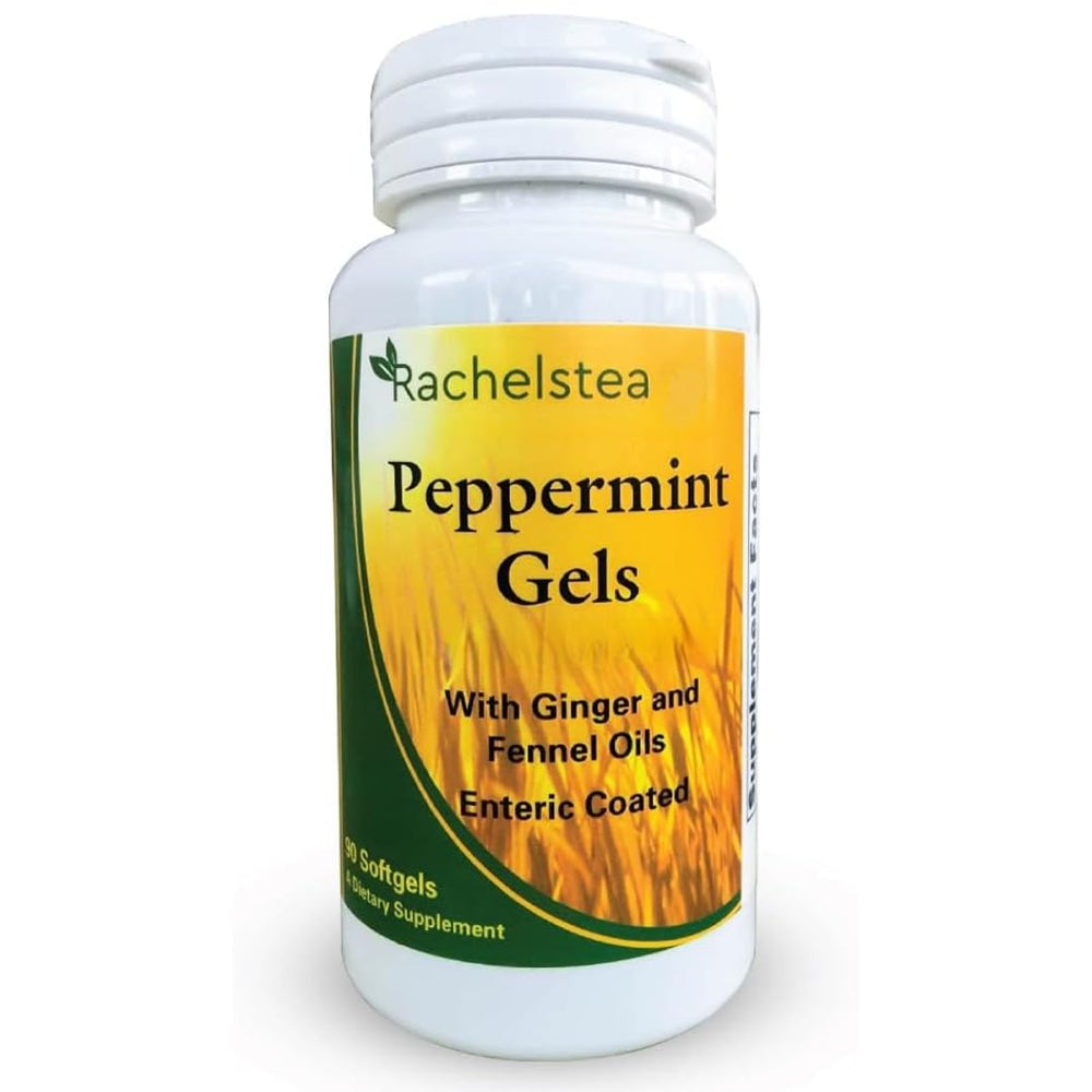Rachelstea Peppermint Gels bottle with enteric-coated softgels for post-meal comfort