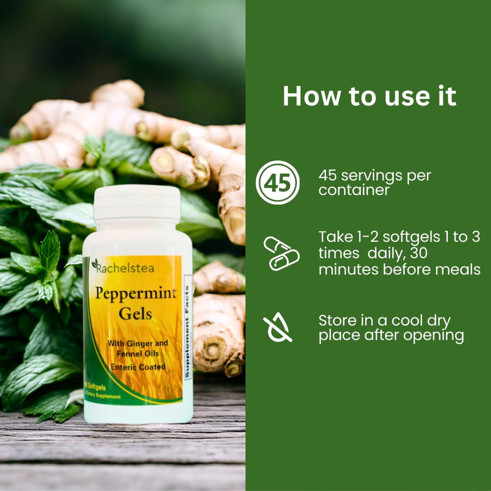 Rachelstea Peppermint Gels with ginger oil illustration, hinting digestion support