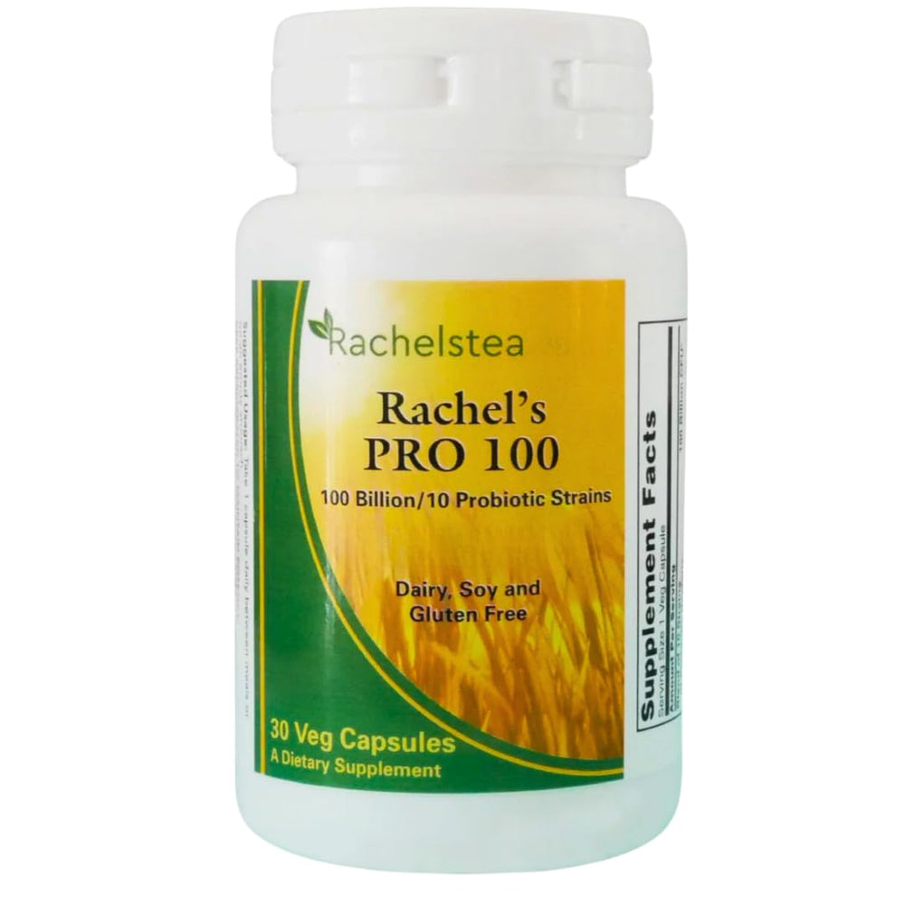 Rachelstea Rachel’s Pro 100 Probiotic bottle label emphasizes potency and freshness.