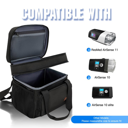 RackVibe CPAP Travel Bag interior organization highlights dual compartments and mesh pockets for accessories.