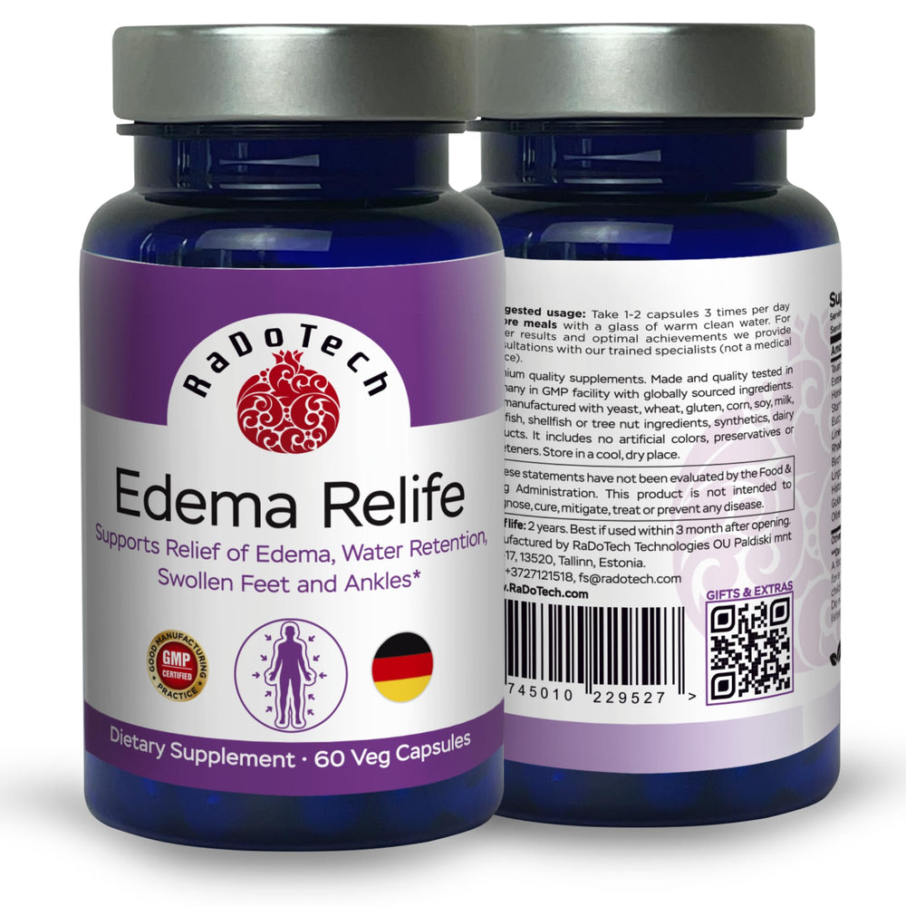 RaDoTech Edema Relife bottle label presents ingredients and usage guidance.