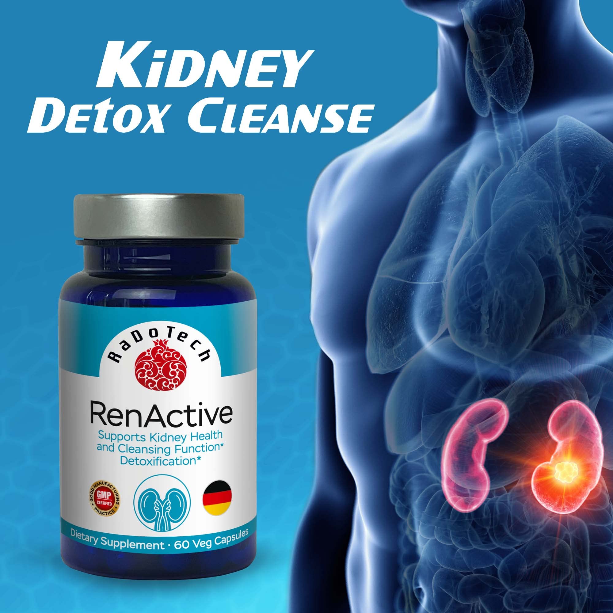 RaDoTech RenActive kidney detox bottle featuring GMP compliance seal