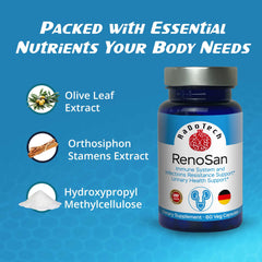 RaDoTech RenoSan kidney cleanse concept shown with a glass of water.
