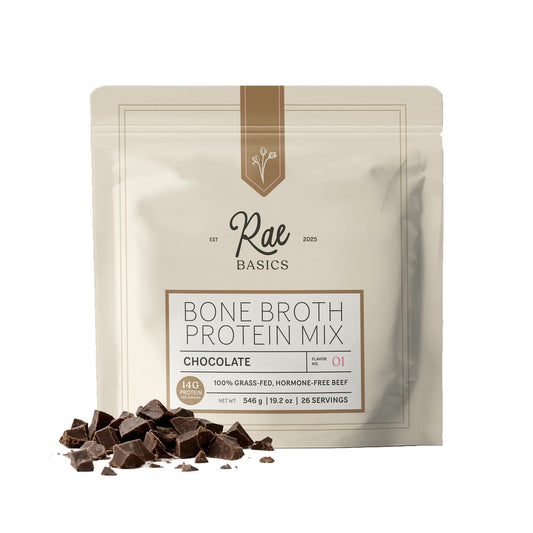 Rae Basics bone broth protein bottle with chocolate flavor offering a protein boost.