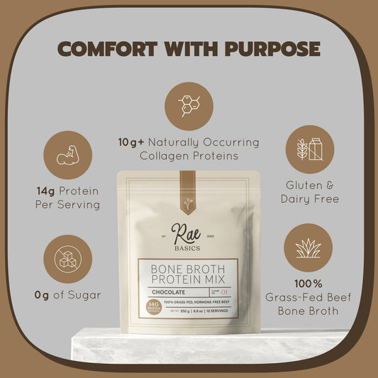Rae Basics bone broth protein chocolate label close-up showing ingredients and nutrition details