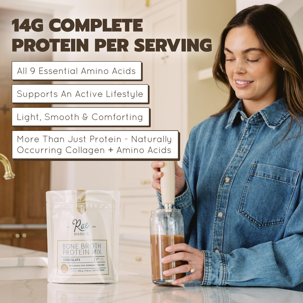 Rae Basics box with 26 servings on a tidy kitchen counter.