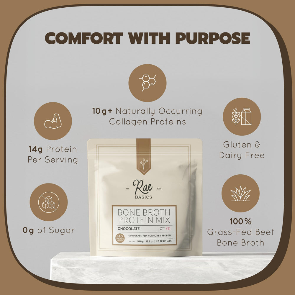 Rae Basics bone broth protein pour into a mug for hot chocolate.