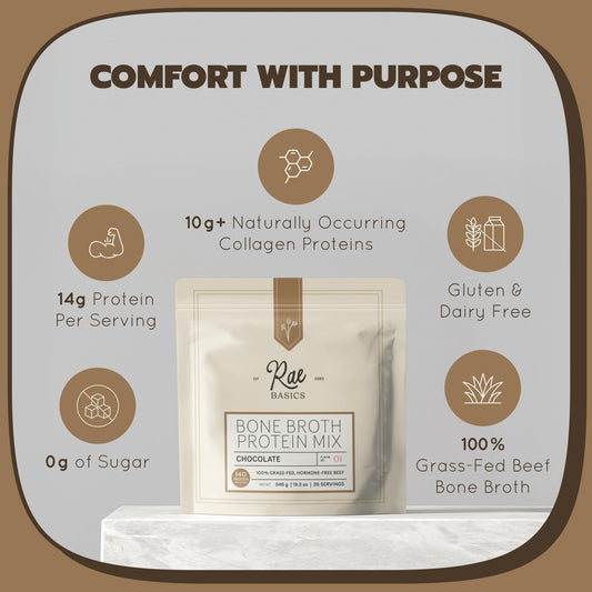 Rae Basics bone broth protein pour into a mug for hot chocolate.