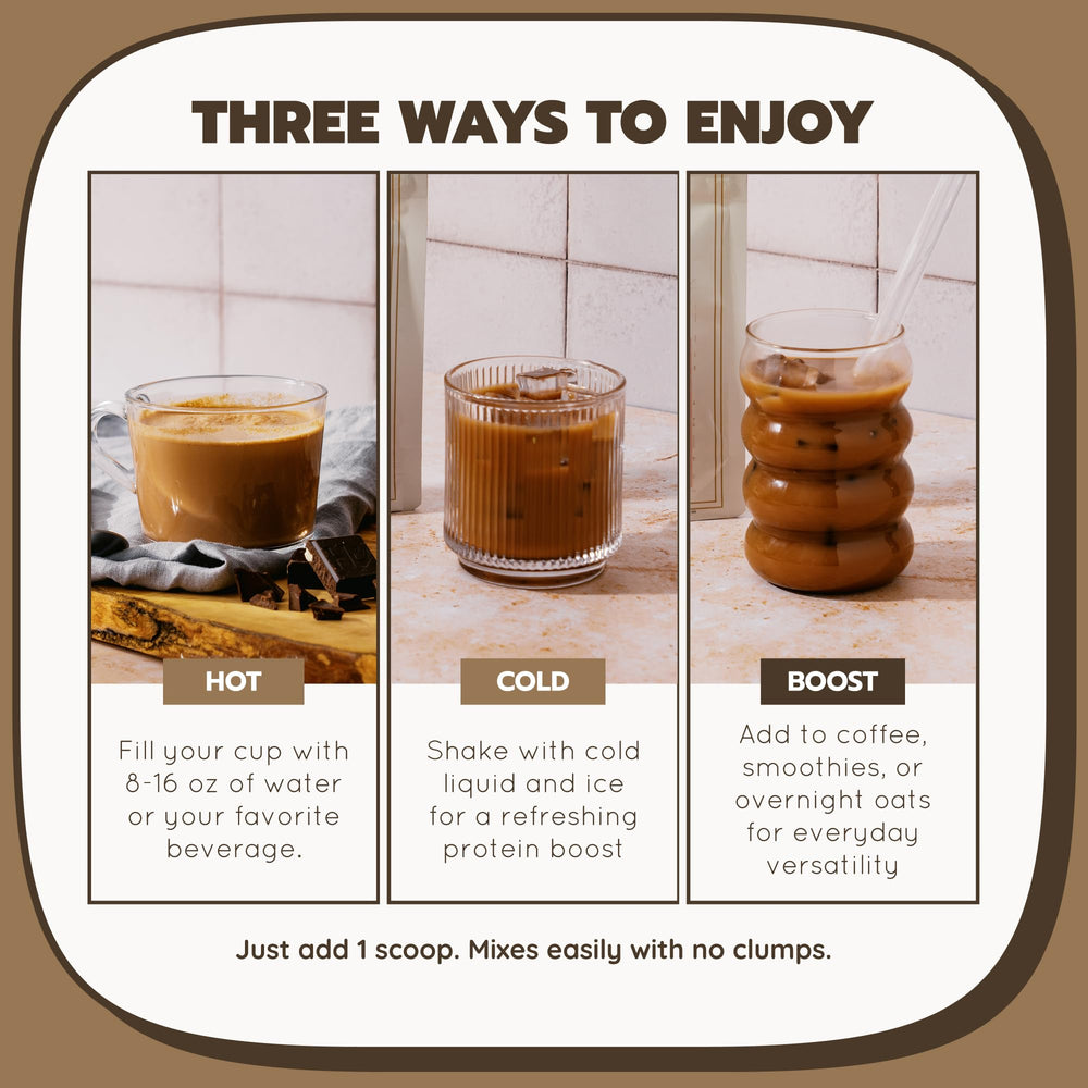 Rae Basics bone broth protein chocolate shake glass with a frosty appearance