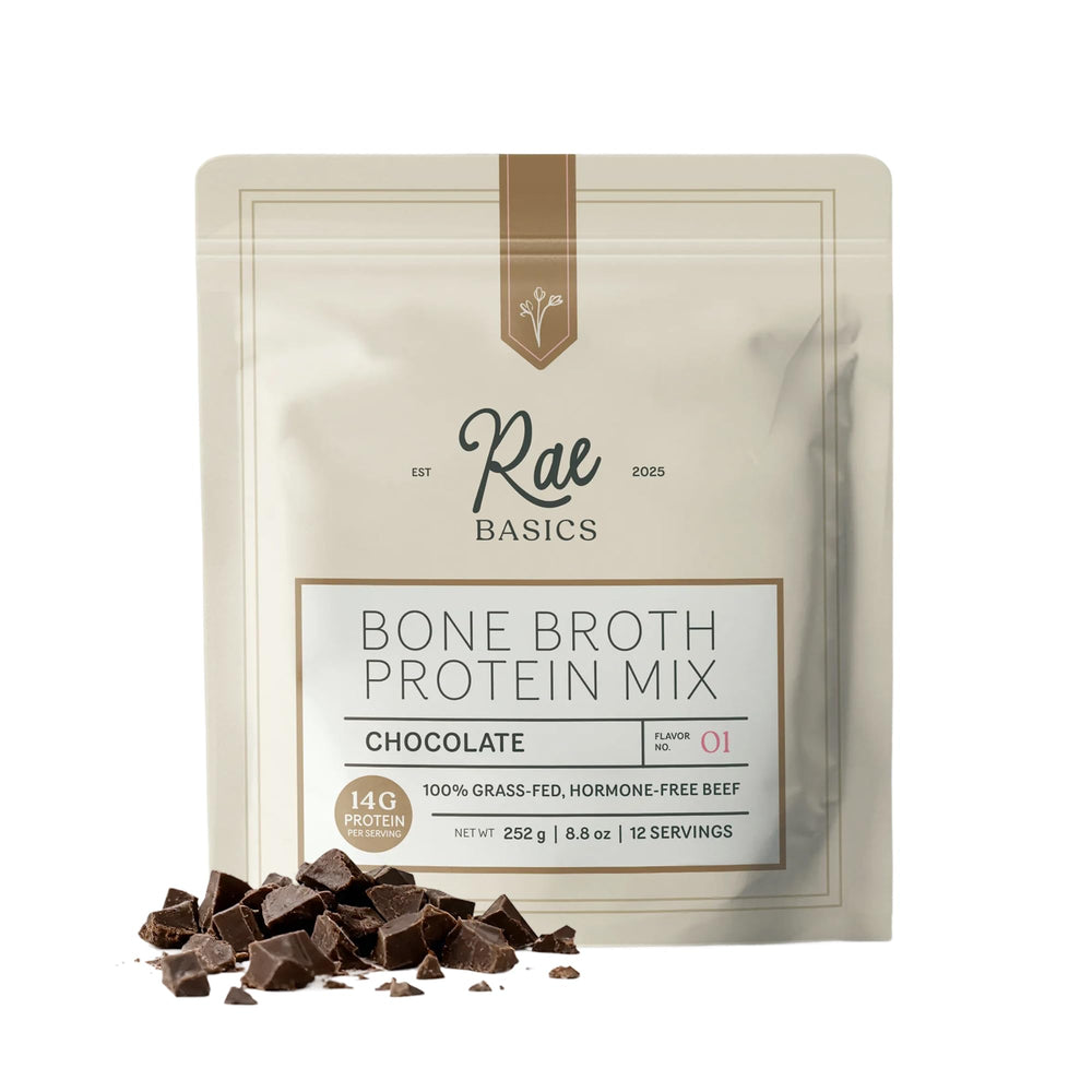 Rae Basics bone broth protein chocolate tub front view for a protein boost in daily routines