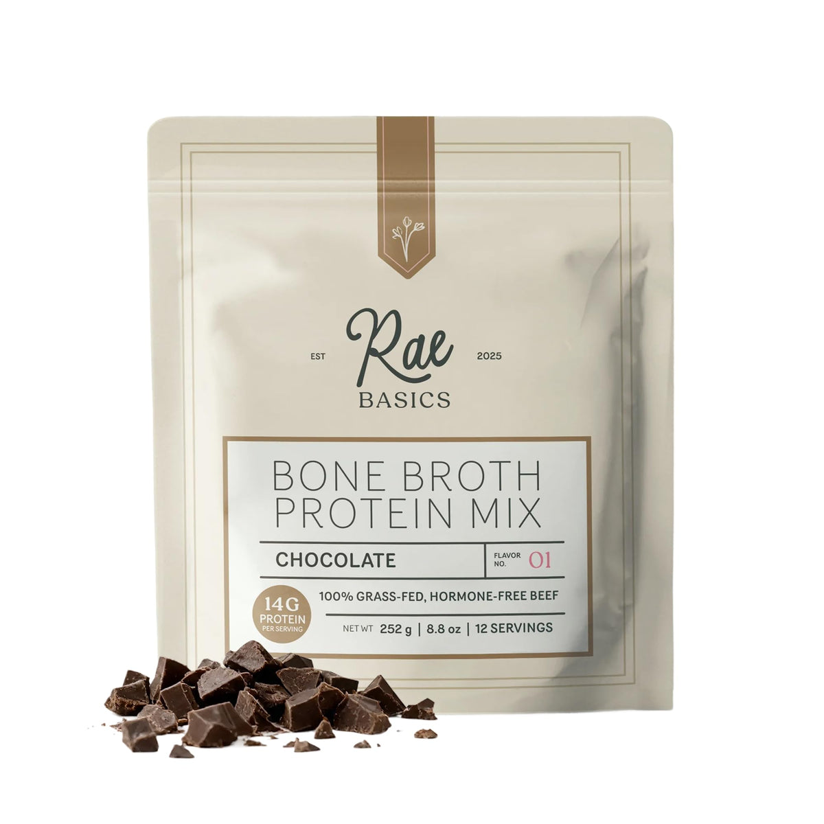 Rae Basics bone broth protein chocolate tub front view for a protein boost in daily routines