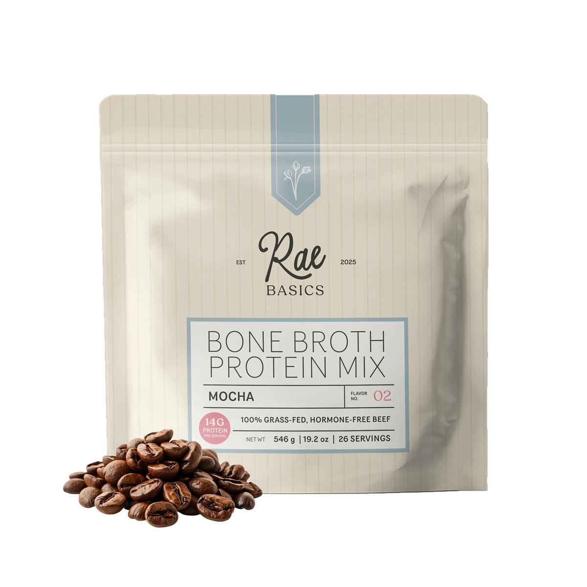Rae Basics Mocha Bone Broth Protein bottle on kitchen counter for morning nourishment.