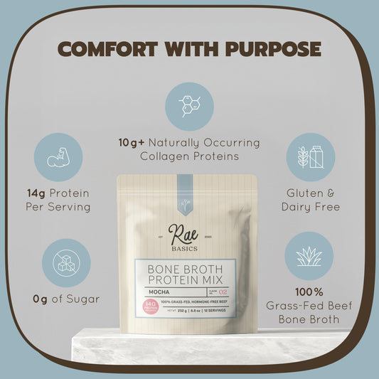 Rae Basics grass-fed collagen 14g per serving scoop highlights complete protein for daily nourishment.