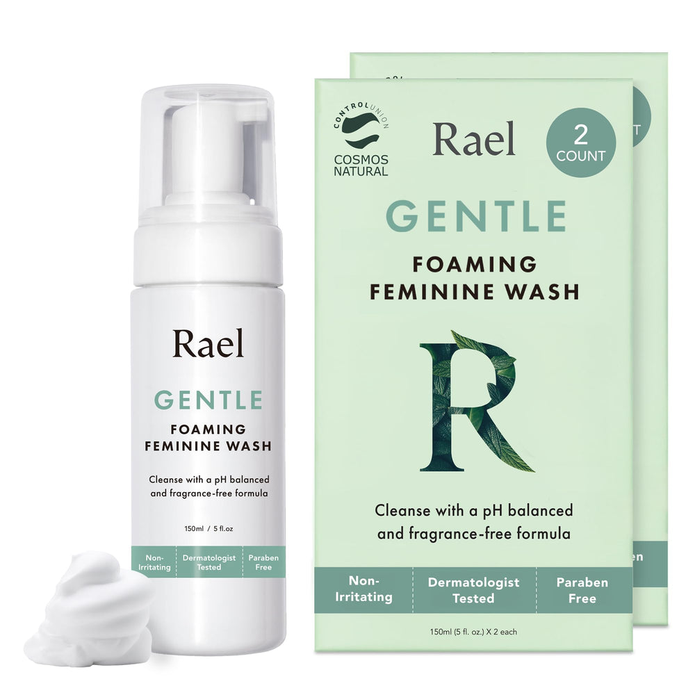 Rael Feminine Wash bottle with pump offers daily cleansing and lasting freshness.