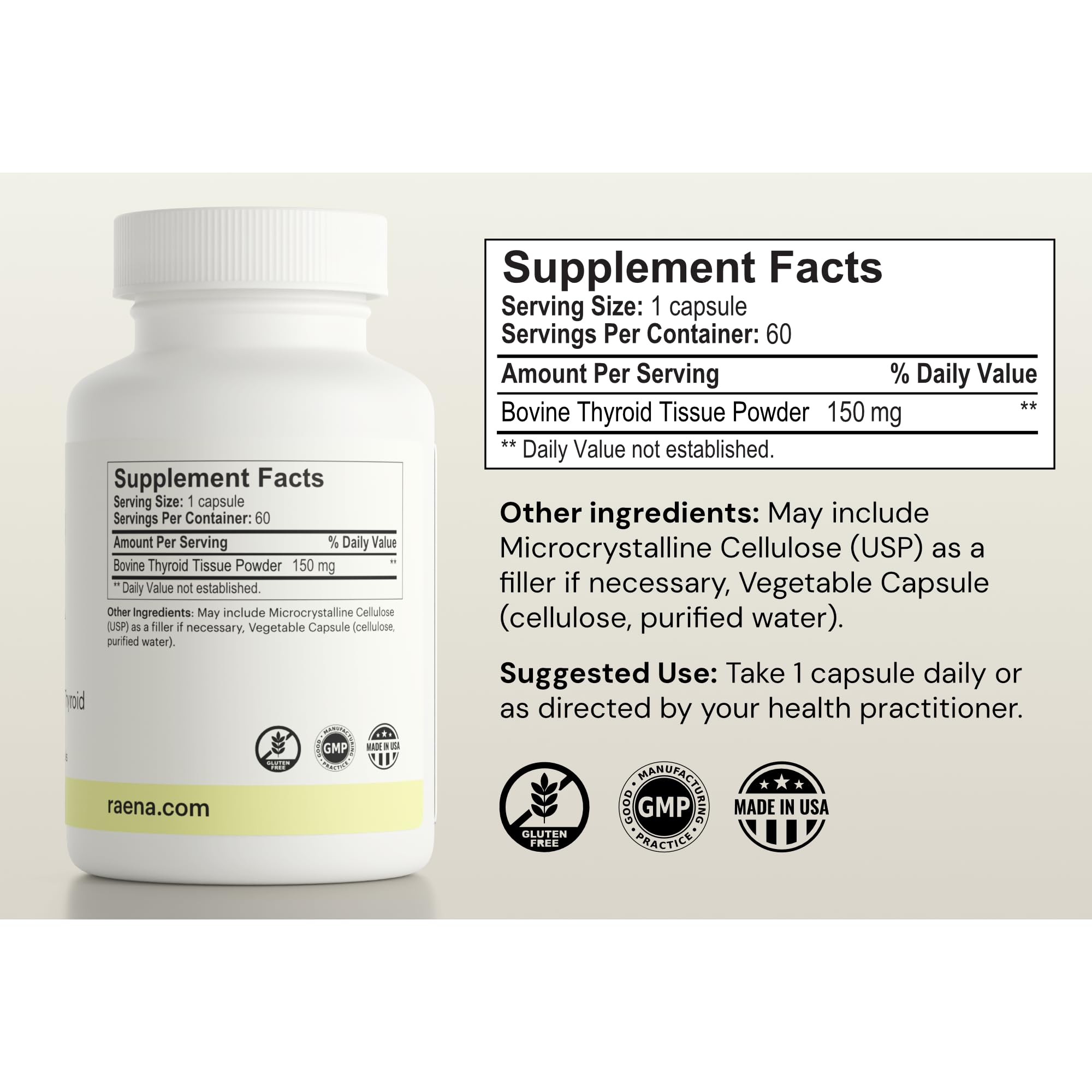 Raena Premium Bovine capsules close-up showing pure formula.