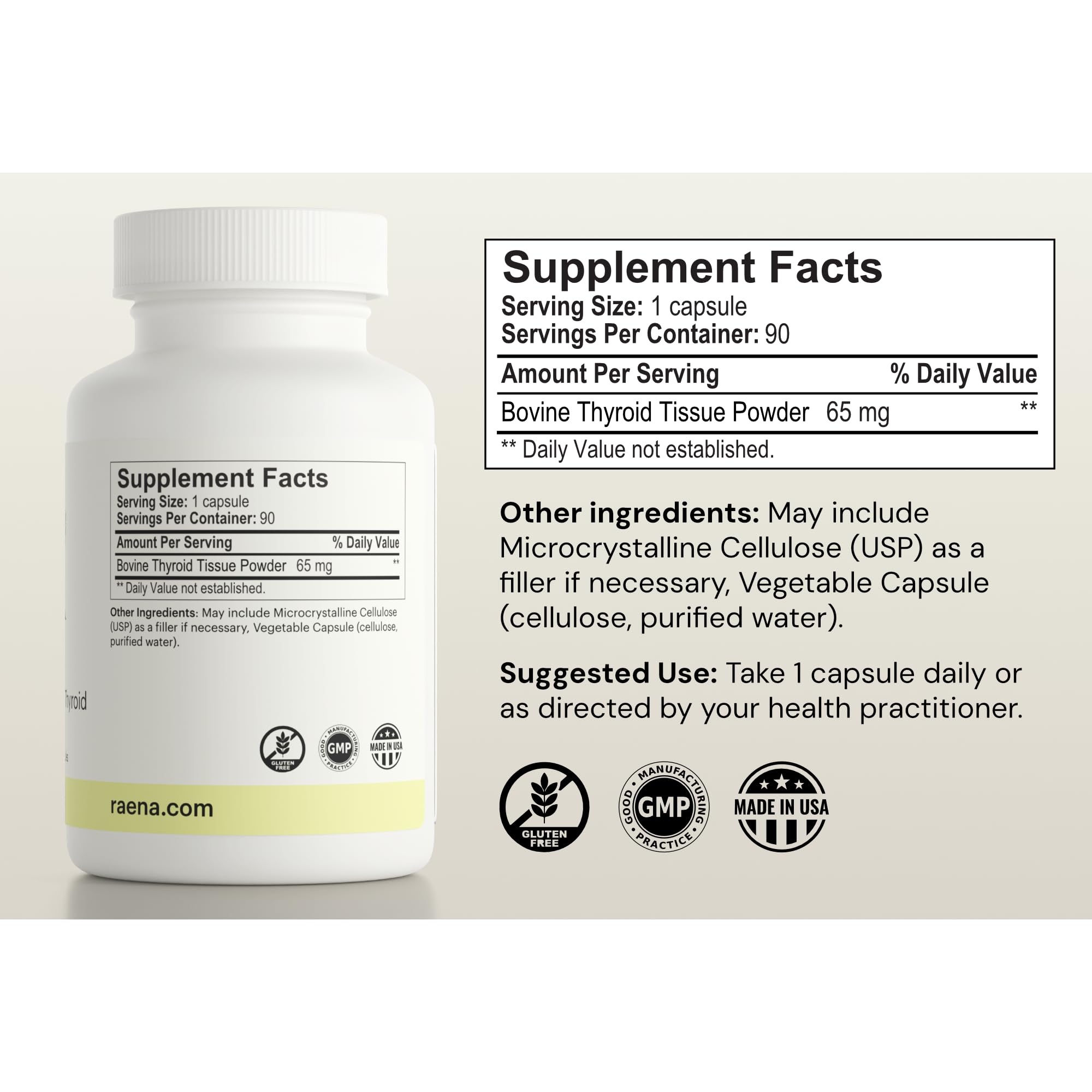 Raena Premium Bovine capsules close-up: pure formula for daily wellness.