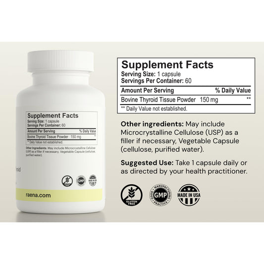 Raena Premium Bovine capsules close-up showing pure formula.