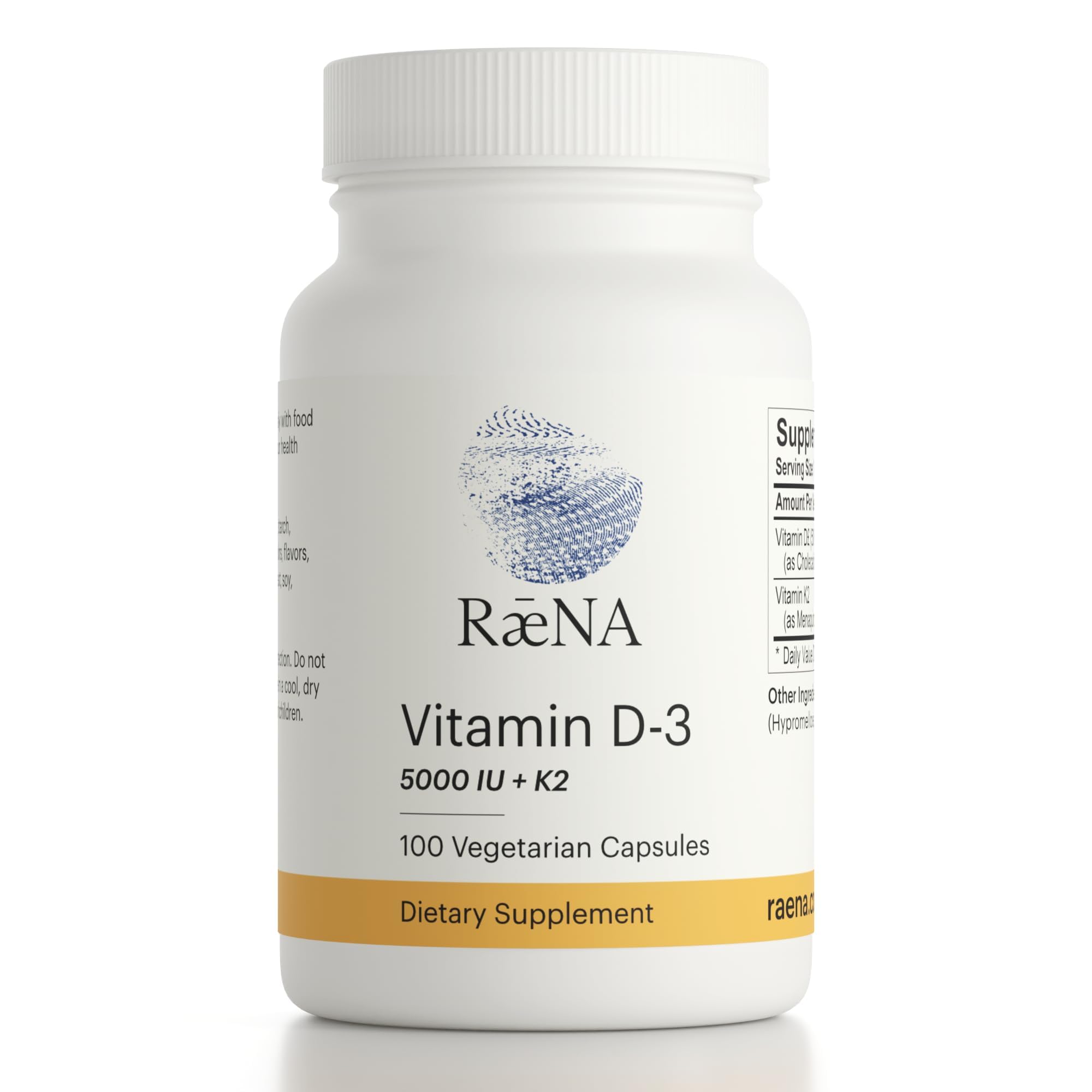 Raena Vitamin D3 Plus K2 capsules shown for daily wellness and simplicity