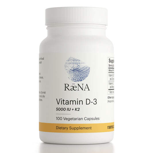 Raena Vitamin D3 Plus K2 capsules shown for daily wellness and simplicity