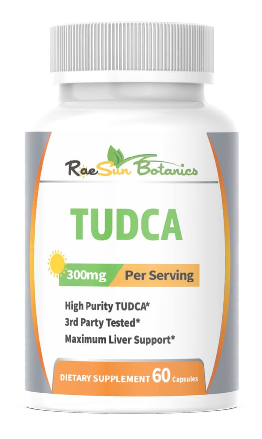 RaeSun Botanics TUDCA bottle on a shelf for easy liver support