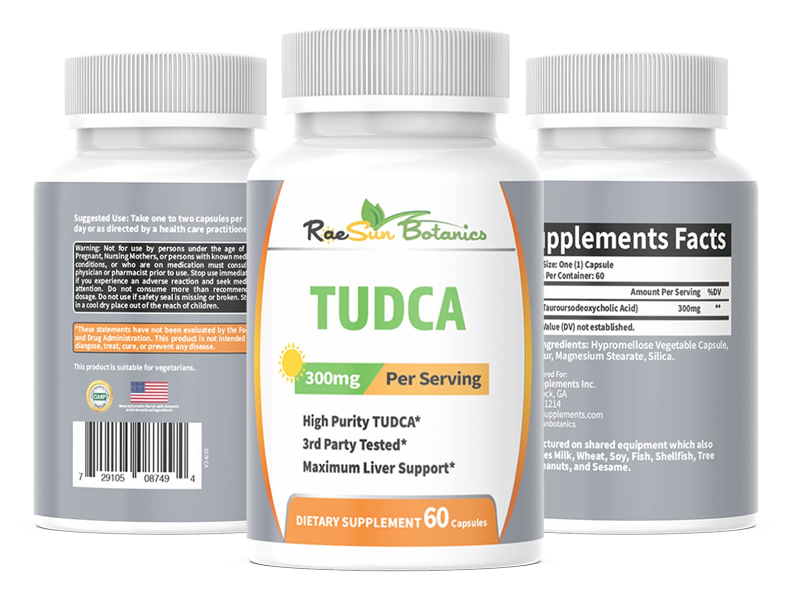 RaeSun Botanics TUDCA capsules close-up, ready for daily use