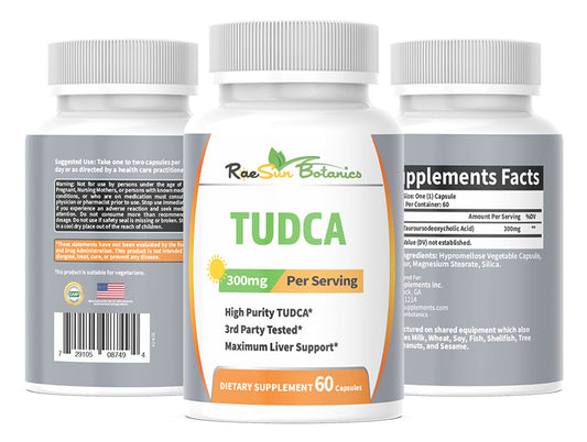 RaeSun Botanics TUDCA capsules close-up, ready for daily use