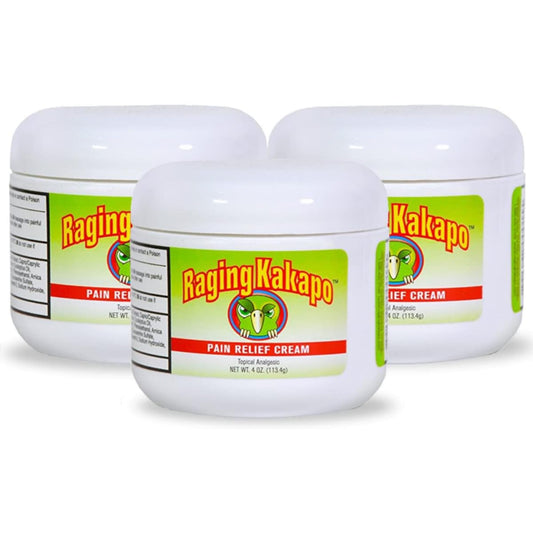 Raging Kakapo pain relief cream jar shows fragrance-free, fast-absorbing formula on skin.
