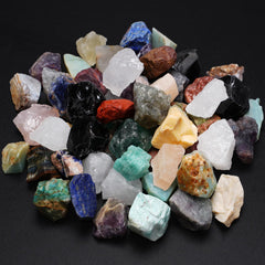 Rahato rough stones for tumbling and collection, a diverse crystal mix for polishing and learning.