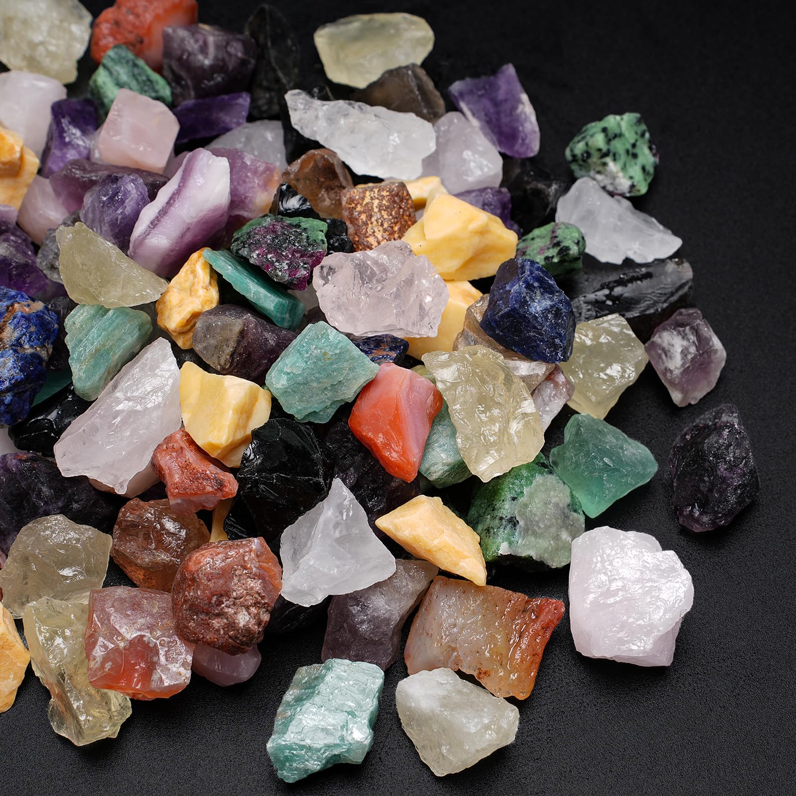 Rahato rough stones variety box shows amethyst and lapis lazuli for education and crafts.