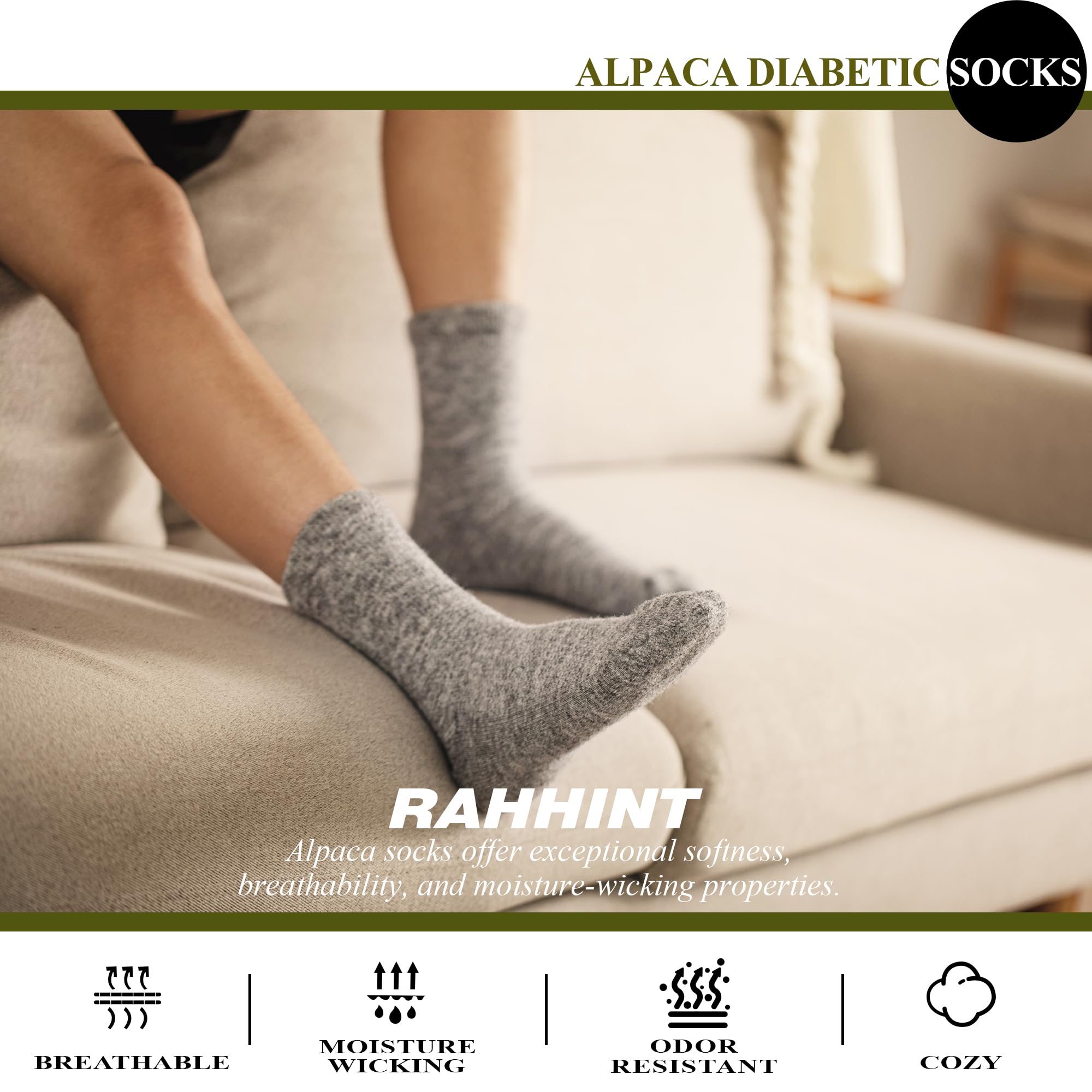 Rahhint Alpaca Wool Diabetic Socks stay dry with moisture-wicking fabric.